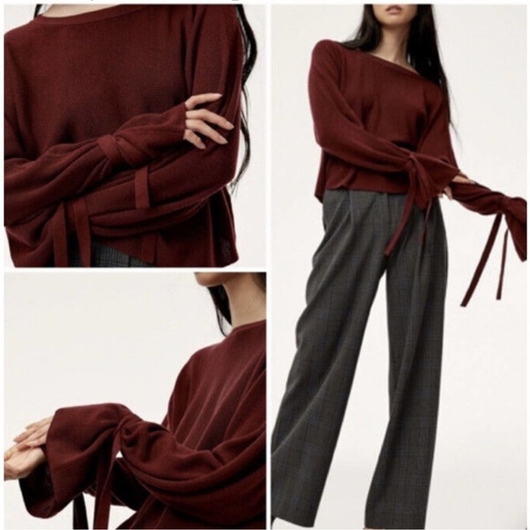 Wilfred Burgundy Emmy Merino Wool Cropped Knit Sweater Cuff Tie Aritzia - Picture 1 of 11